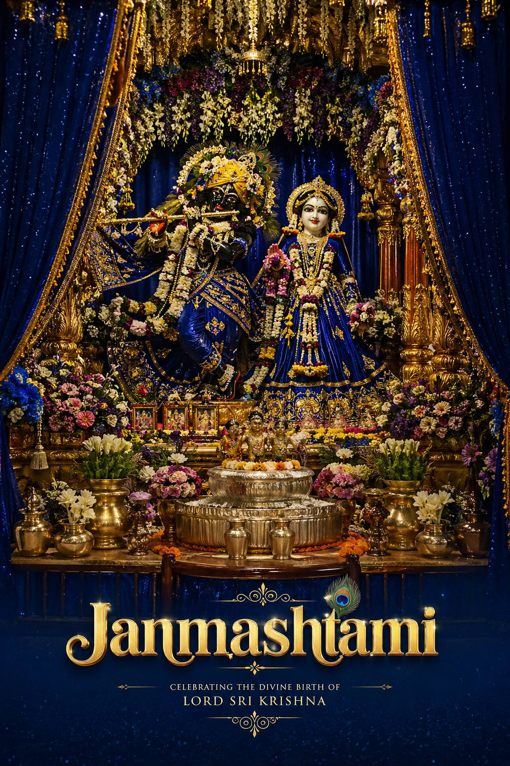 ISKCON Radha Krishna altar during Janmashtami midnight celebration with flower decorations and festival outfits